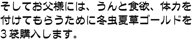 そしてお父様には、うんと食欲、体力を 付けてもらうために冬虫夏草ゴールドを ３袋購入します。